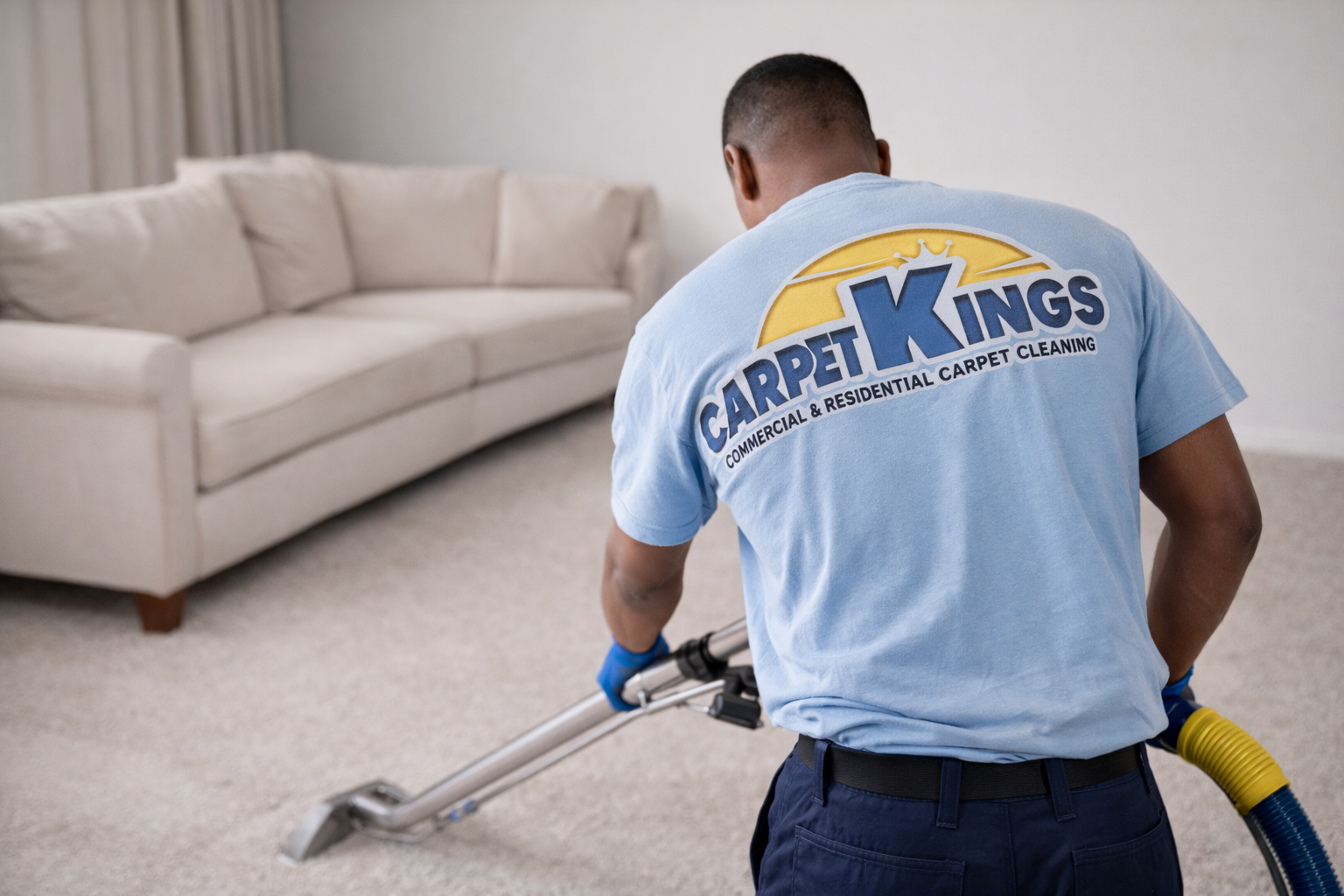 Technician performing professional steam carpet cleaning in a South Florida home
