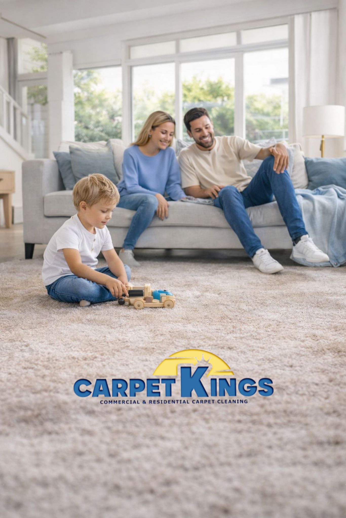 Family relaxing on clean carpet after professional carpet cleaning service
