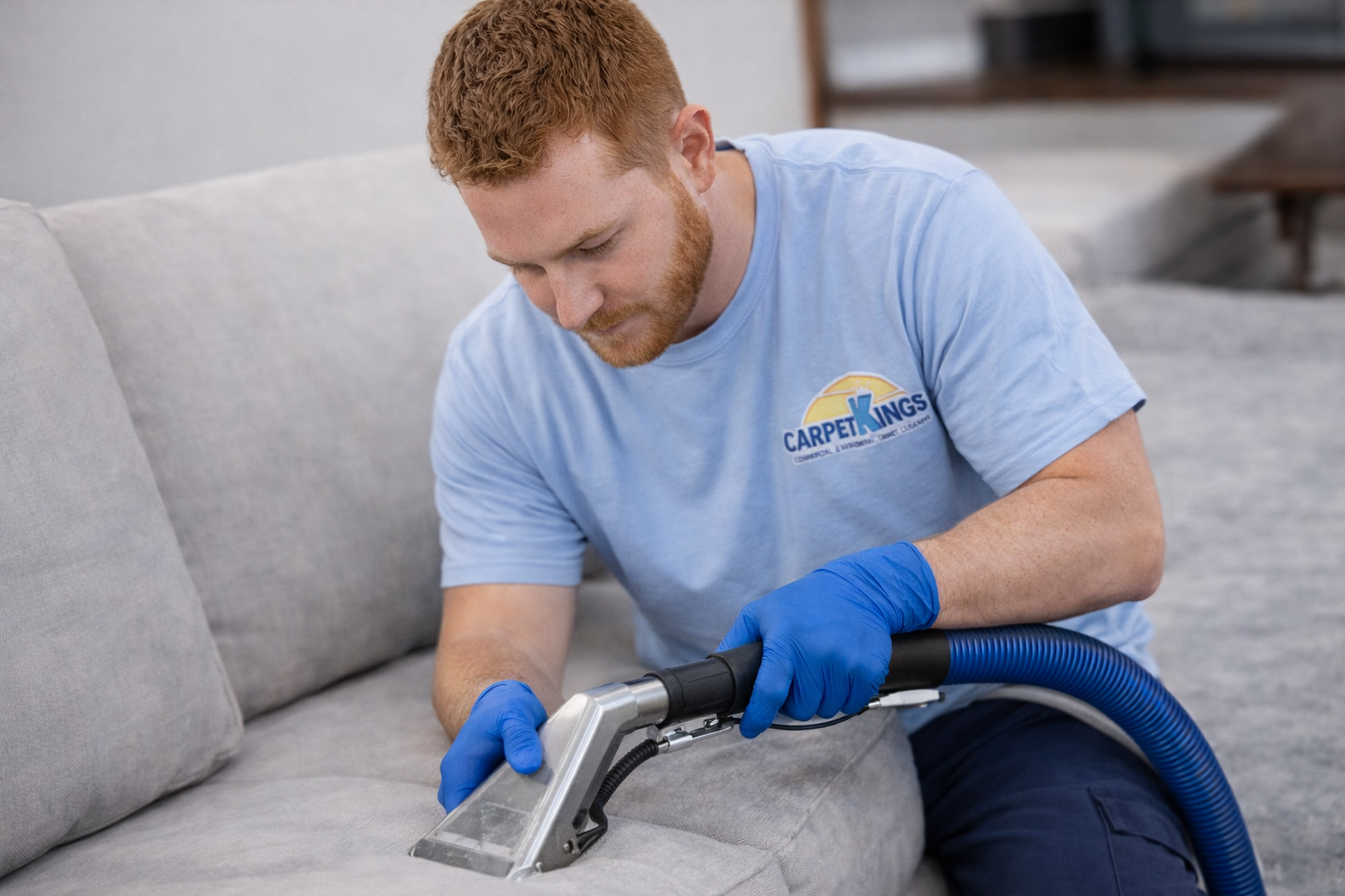 Technician performing professional steam carpet cleaning in a South Florida home