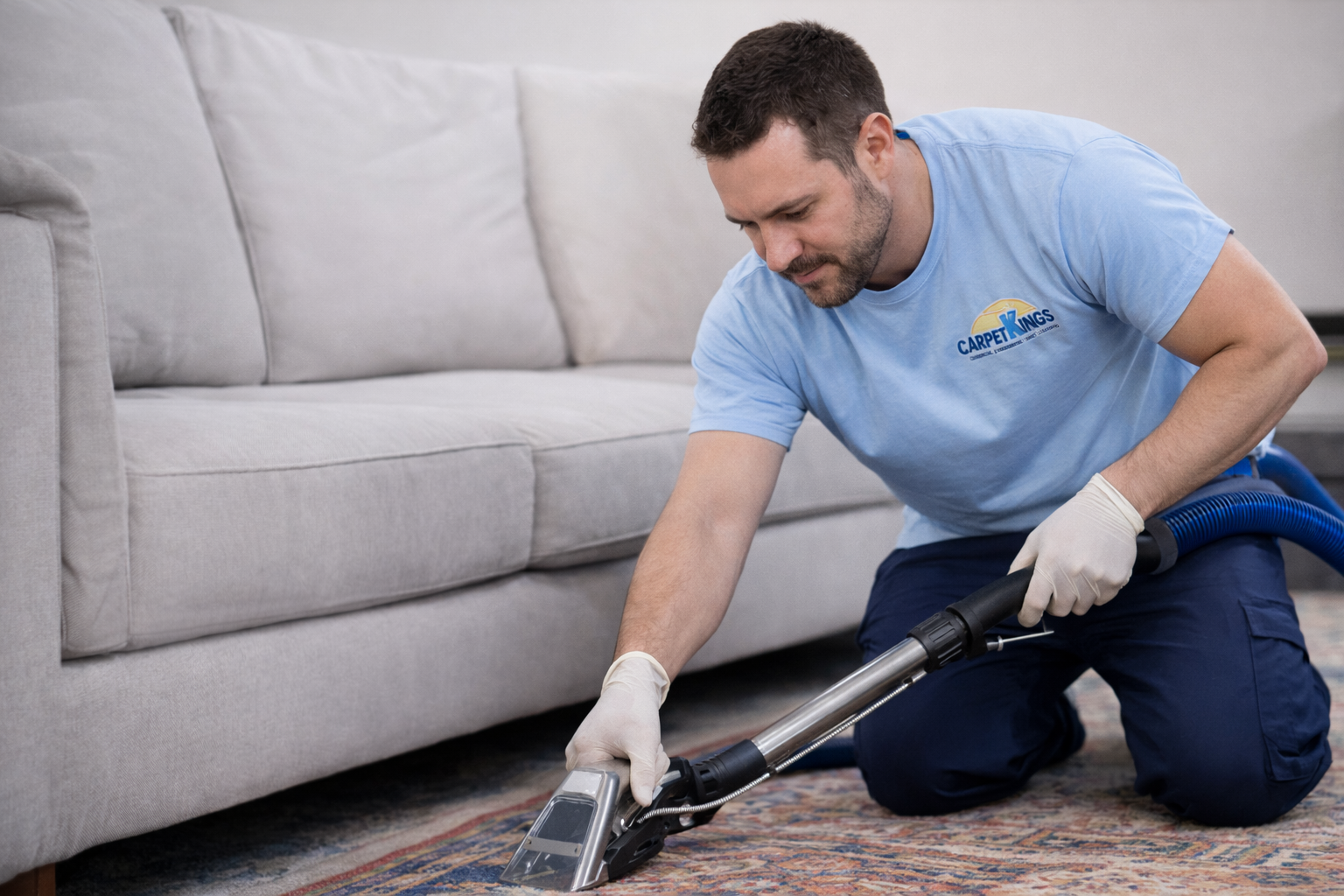 Technician performing professional steam carpet cleaning in a South Florida home