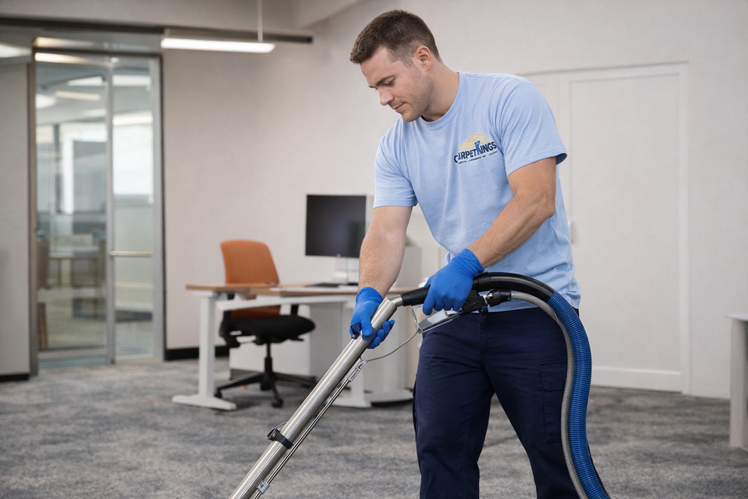 Technician performing professional steam carpet cleaning in a South Florida home